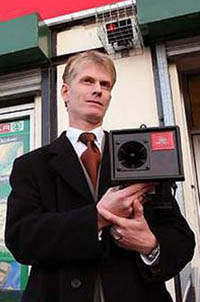 Howard Stapleton holding The Mosquito, the anti-loitering solution